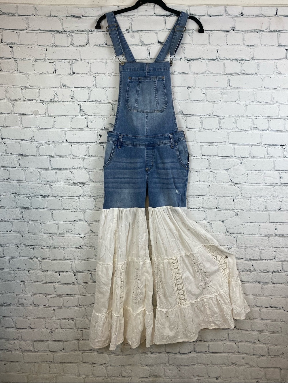 One of a Kind Upcycled Wallflower Denim Overalls/White Tiered Bell Bottoms